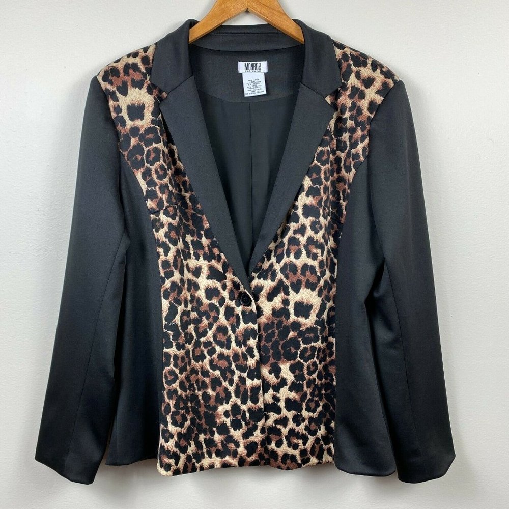Monroe Main Blazer Jacket 14 Black Leopard Print 1-Button Office Career